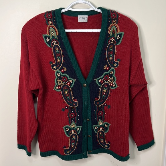 Vintage Koret 21% wool Knit Embroidered Cardigan sweater Size Medium - Picture 3 of 10